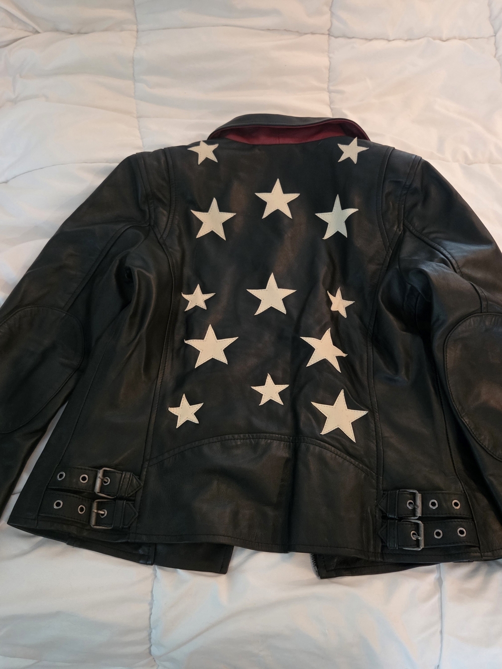 Black Leather Jacket with White Star Appliqués